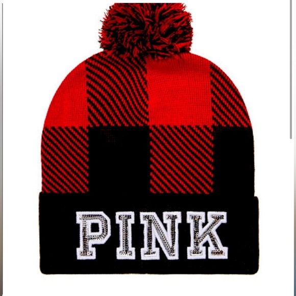Victoria’s Secret Pink Plaid Beanie with Sequin Bling Cozy Pom Beanie - Picture 1 of 2